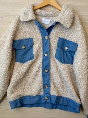 LUSH Teddy Sherpa Jacket | Blue Contrast Button Front | Cozy Fall Layer | Size M